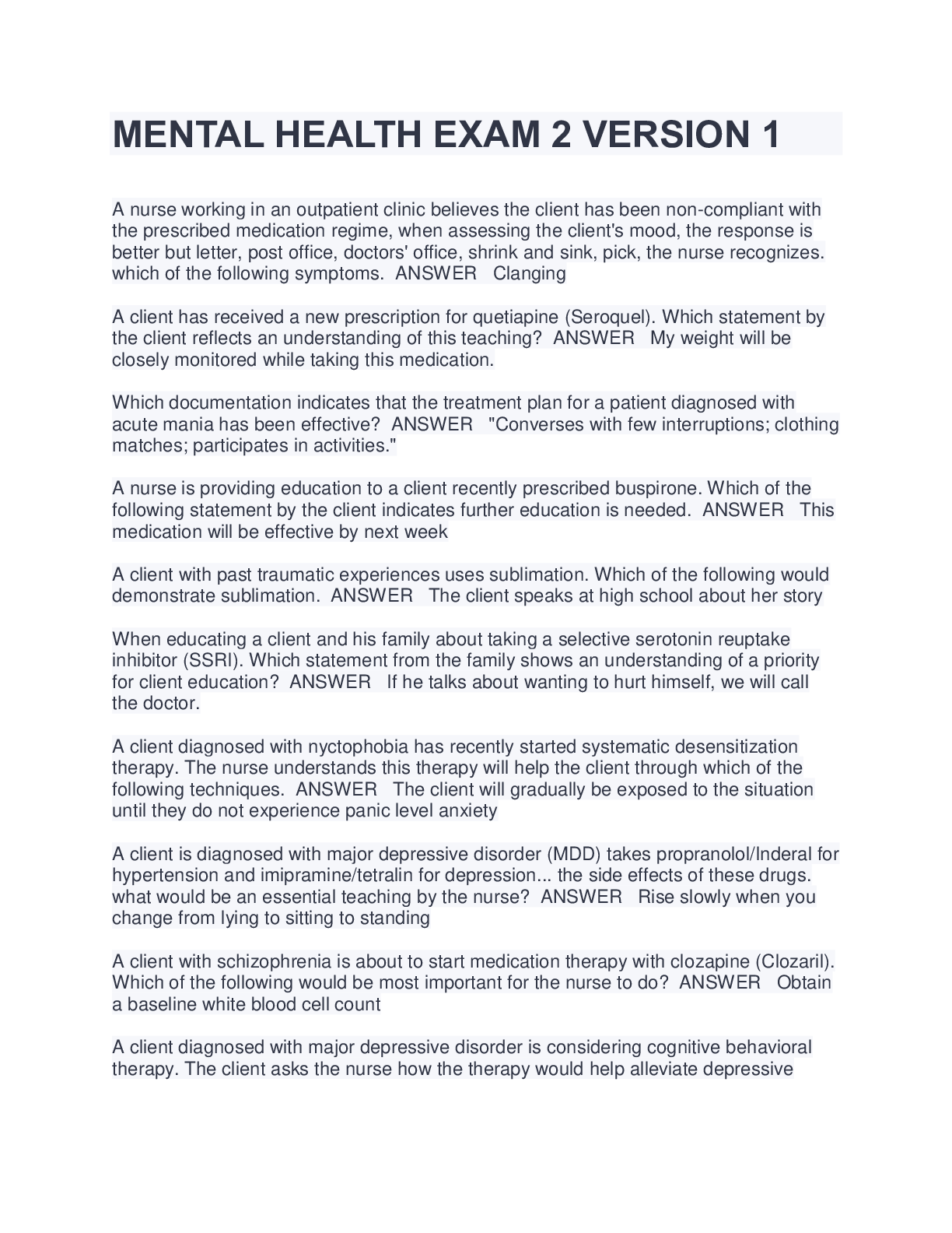 Preview image for MENTAL HEALTH EXAM 2 VERSION 1